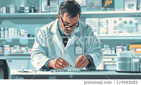 A Physician in a Modern Clinical Setting Carefully Prepares Medication with a Focus on Precision, Safety, and Professionalism Surrounded by Organized Medical Supplies 124092093