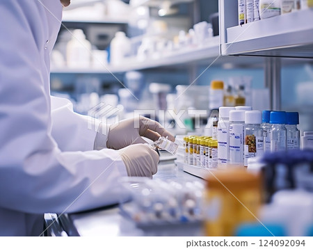 A Diligent Physician in a Pristine Lab Coat Preparing Medication with Care in an Immaculate Clinical Environment Full of Organized Medical Supplies and Natural Light 124092094