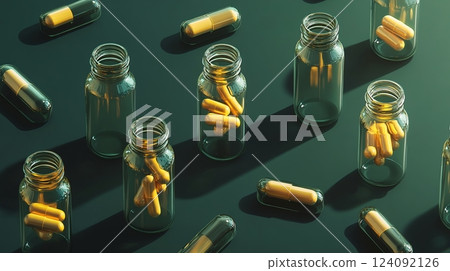 An Exquisite Arrangement of Transparent Glass Bottles with Golden Capsules on a Lush Green Surface Captured in a Surreal and Sophisticated Atmosphere 124092126