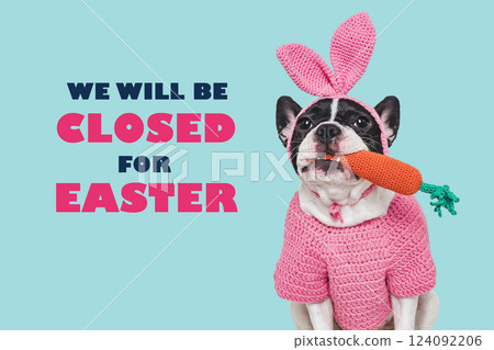 Happy Easter. Cute puppy and congratulatory inscription 124092206