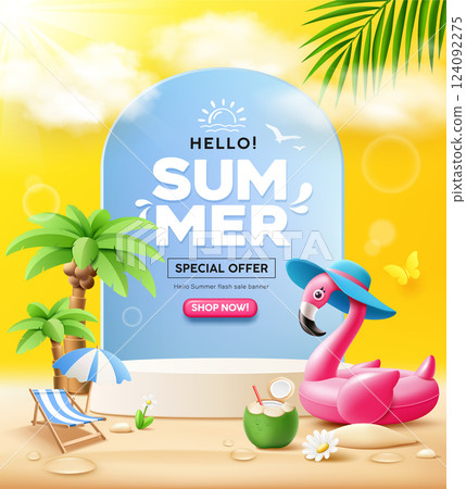 Summer sale podium, pink flamingo inflatable swimming pool, coconut trees, beach umbrella 124092275