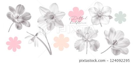 Collage of dotted halftone element with spring flowers. Photocopy , iris, snowdrop, daffodil, tulip, hellebore etc. stipple effect. Vintage vector illustration 124092295