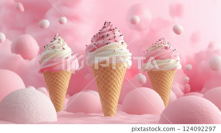 three delicious pink and white swirled ice cream cones with sprinkles, floating in a dreamy, pastel-colored landscape 124092297