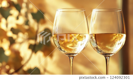 two glasses of golden white wine, beautifully illuminated by warm sunlight with a softly blurred background 124092301