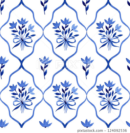 classic seamless watercolor pattern with cute blue flowers bows and ribbons on tiles. classic seamless watercolor pattern with cute blue flowers bows and ribbons on tiles. 124092536