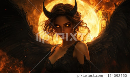 a dark angelic figure with glowing amber eyes, black wings, and curved horns, standing before a fiery full moon 124092560