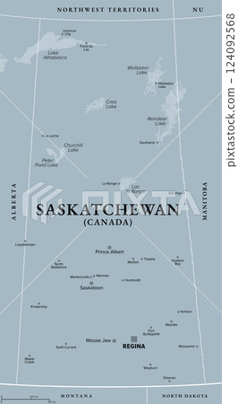 Saskatchewan, province in Western Canada, gray political map with boundaries, largest cities and lakes. One of the prairie provinces, with capital Regina and the largest city Saskatoon. Vector 124092568