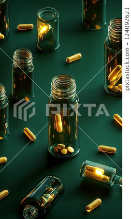 An Exquisite Display of Translucent Glass Bottles Filled with Golden Capsules on a Lush Green Surface Against a Dark Background, Showcasing Intricate Designs and Playful Light Reflections 124092621