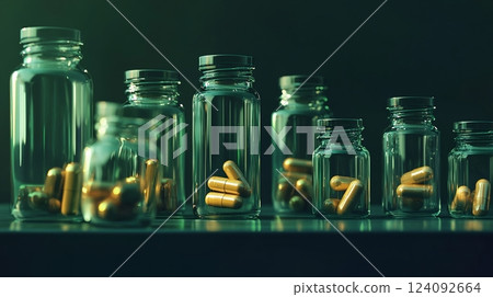 Dazzling Array of Transparent Glass Bottles Showcasing Golden Capsules on a Vibrant Green Surface Against a Dark Background, Evoking Modern Sophistication and Intrigue 124092664