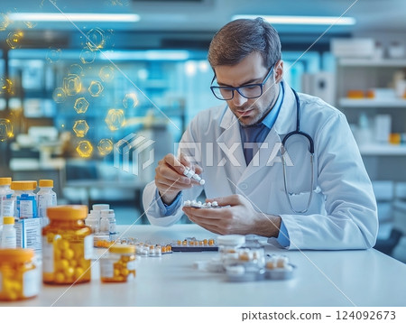 Dedicated Physician in a Pristine Clinical Environment Preparing Medication with Precision and Care, Surrounded by Organized Medical Tools and Bright Natural Light 124092673