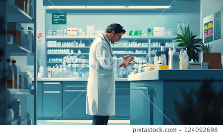 A dedicated physician in a pristine clinical environment meticulously prepares medication, showcasing professionalism, precision, and care amidst sterile surroundings filled with organized supplies. 124092698