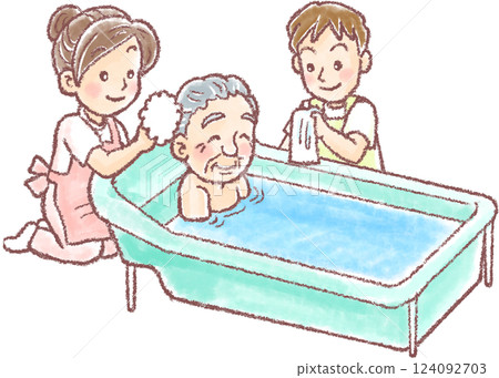 洗澡協助_老年人_男女照顧者_照護圖解 洗澡協助_老年人_男女照顧者_照護圖解 124092703