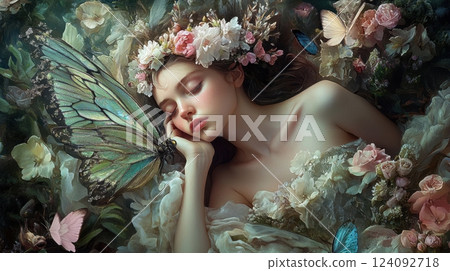 a young woman with delicate features, adorned with a floral crown, resting peacefully among lush flowers and butterflies 124092718