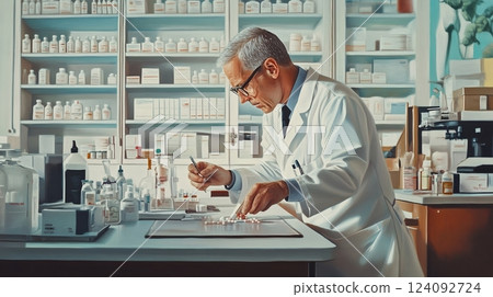 A Dedicated Physician in a Bright Clinical Setting Meticulously Prepares Medication with Precision and Compassion for Patient Care, Showcasing Professionalism and Concentration A Dedicated Physician in a Bright Clinical Setting Meticulously Prepares Medication with Precision and Compassion for Patient Care, Showcasing Professionalism and Concentration 124092724