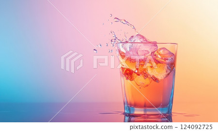 colorful drink with ice cubes splashing in a transparent glass against a gradient background 124092725