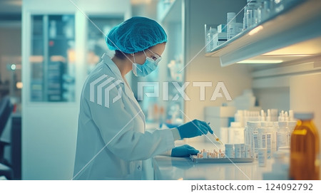 Dedicated Physician in a Clinical Setting: Meticulously Preparing Medication in a Bright, Organized Environment for Patient Safety and Well-Being Dedicated Physician in a Clinical Setting: Meticulously Preparing Medication in a Bright, Organized Environment for Patient Safety and Well-Being 124092792