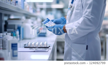 A Dedicated Physician in a Pristine Clinical Setting Preparing Medication with Precise Dosages in a Hygienic and Organized Workstation Utilizing Modern Technology for Patient Care 124092799