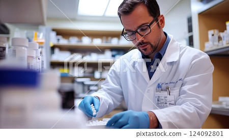 A Diligent Physician in a Contemporary Clinical Setting, Meticulously Preparing Medication with Precision and Care in a Bright, Organized Workspace 124092801