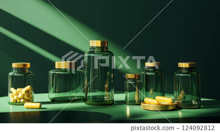 A Captivating Collection of Transparent Glass Bottles Showcasing Golden Pill Capsules on a Vibrant Green Surface Against a Dark Background, Highlighting Modern Elegance and Luxury 124092812
