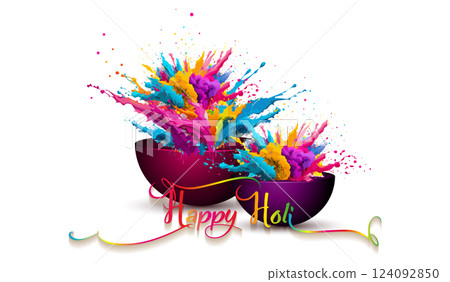 Happy Holi Indian Festival Banner, Colorful gulaal, powder color, party card with colourful explosion patterned and crystals on white paper Background, vector illustration vibrant color template Happy Holi Indian Festival Banner, Colorful gulaal, powder color, party card with colourful explosion patterned and crystals on white paper Background, vector illustration vibrant color template 124092850