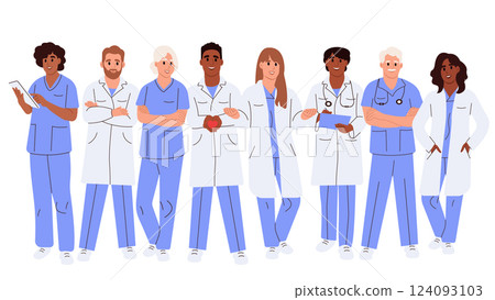 World Health Day. Set of diverse doctors characters. Male and female medical workers - doctors, physicians, paramedics, nurses isolated on white background. 124093103