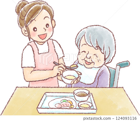 Meal assistance_Meal assistance for an elderly woman in a wheelchair 124093116