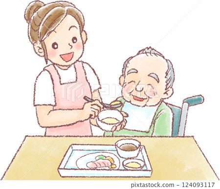 Meal assistance_Meal assistance for an elderly man in a wheelchair 124093117