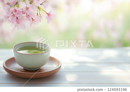 Cherry blossoms and green tea. Traditional Japanese culture. Springtime Kyoto tourism image 124093196