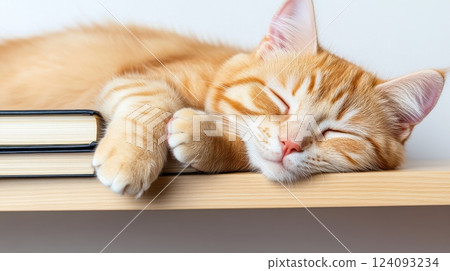 A adorable ginger tabby cat is peacefully sleeping on a wooden shelf next to a stack of books. The cat's face shows a serene expression with eyes closed, and its paws are stretched out. A adorable ginger tabby cat is peacefully sleeping on a wooden shelf next to a stack of books. The cat's face shows a serene expression with eyes closed, and its paws are stretched out. 124093234