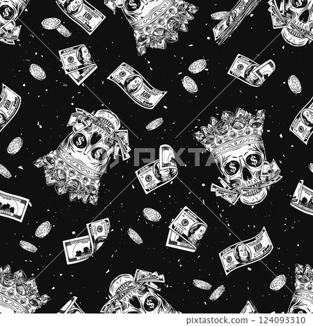 Seamless money pattern with skull in crown, scattered coins, flying 100 dollar banknotes. Concept of money power, wealth, success, money addiction. Vintage style 124093310