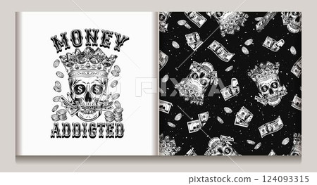 Label, seamless money pattern with skull in crown, scattered coins, flying 100 dollar banknotes. Concept of money power, wealth, success, money addiction. Vintage style 124093315