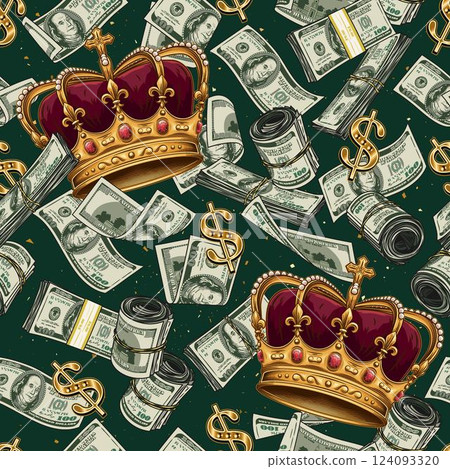 Vintage seamless pattern with imperial crown, golden dollar sign, 100 dollar notes. Falling, folded, twisted, flying dollar banknotes. Chaotic scattered objects on green background. 124093320