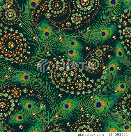 Seamless pattern with paisley jewelry motifs, fluffy peacock feathers in vintage style. Gold elements with green emerald gems. Scattered objects, random composition. Dark background Seamless pattern with paisley jewelry motifs, fluffy peacock feathers in vintage style. Gold elements with green emerald gems. Scattered objects, random composition. Dark background 124093321