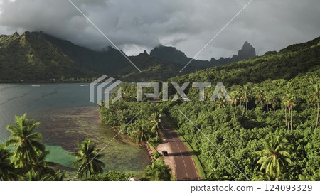 Aerial drone view car driving coastal road, lush green palm trees, ocean bay and mountains peaks in the background, Moorea island, French Polynesia. Nature paradise, exotic summer travel. Drone shot 124093329