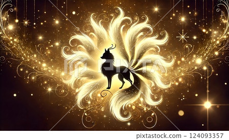 Nine-tailed fox silhouette, gold 124093357