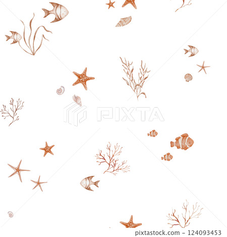 Seamless Pattern with Undersea animals. Hand drawn watercolor illustration with sea starfish and jellyfish. Repeat ornament with seaweed plant and sea shell for textile design or wrapping paper. Seamless Pattern with Undersea animals. Hand drawn watercolor illustration with sea starfish and jellyfish. Repeat ornament with seaweed plant and sea shell for textile design or wrapping paper. 124093453