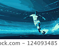 Soccer player kicking ball in a stadium under lights 124093485
