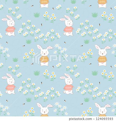 Seamless pattern with cute bunny and little bees on wildflowers field background Seamless pattern with cute bunny and little bees on wildflowers field background 124093593