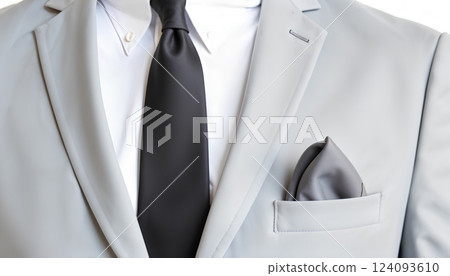 Blank black folded pocket square classic suit mockup, side view. Blank black folded pocket square classic suit mockup, side view. 124093610