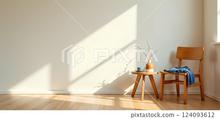 Wooden chair and decorative vase in a minimalist living room Wooden chair and decorative vase in a minimalist living room 124093612