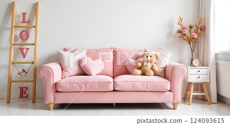 Valentine's Day home decor and sofa in modern interior valentine room with mock up poster frame Valentine's Day home decor and sofa in modern interior valentine room with mock up poster frame 124093615