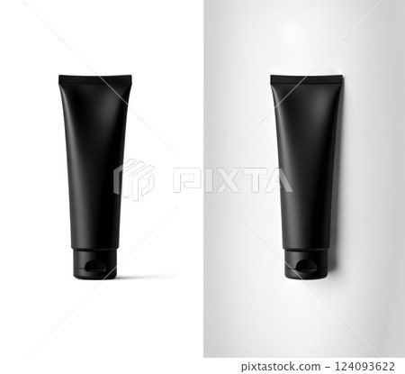 Blank black tube design mockup set, isolated, clipping path. Clear cream packaging stand and lies mock up. Lotion skin care empty package bottle template container. Skincare cosmetic gel tube flacon. 124093622