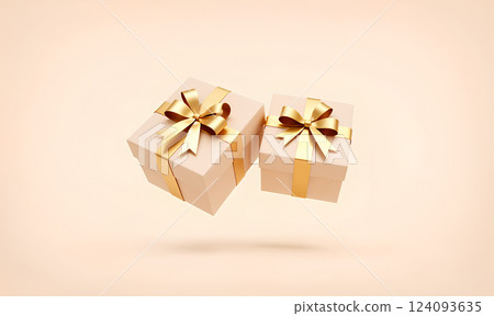 Blank craft gift box with gold ribbon mockup, no gravity. Blank craft gift box with gold ribbon mockup, no gravity. 124093635
