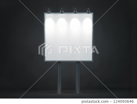 Blank white banner mockup on square city billboard at night 3d rendering. Empty bill board mock up isolated. Clear light canvas on street sign. Outdoor poster screen. Big illuminated board signage 124093646