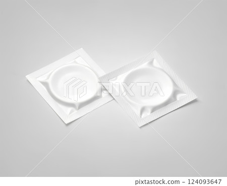 Blank white condom packet mockup, isolated, clipping path, 3d illustration. Sexual protection rubber packaging design mock up, front and back side. Condoms sachet pack template. Sex protection brand. Blank white condom packet mockup, isolated, clipping path, 3d illustration. Sexual protection rubber packaging design mock up, front and back side. Condoms sachet pack template. Sex protection brand. 124093647