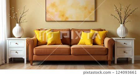 Mockup living room interior with yellow sofa on light yellow wall background. 124093661