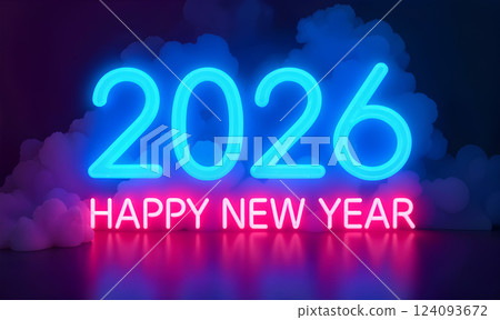 Decorative Christmas neon 2026 numbers symbol 124093672