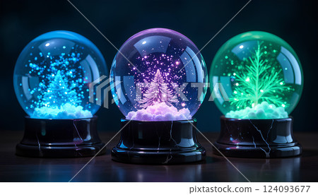 Blank blue, pink and green glowing snow globe mock up, close view. Blank blue, pink and green glowing snow globe mock up, close view. 124093677