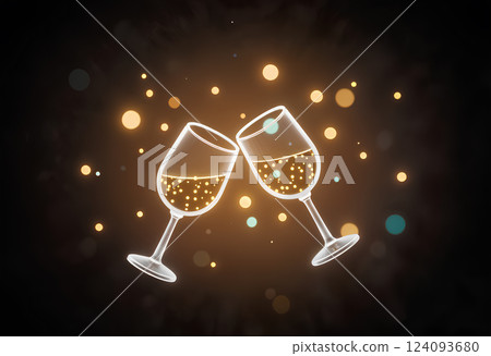 Decorative sign with champagne glasses neon on dark wall. 124093680