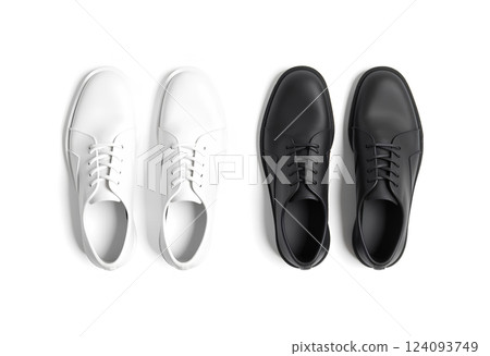 Blank black and white casual shoes mockup, top view. 124093749